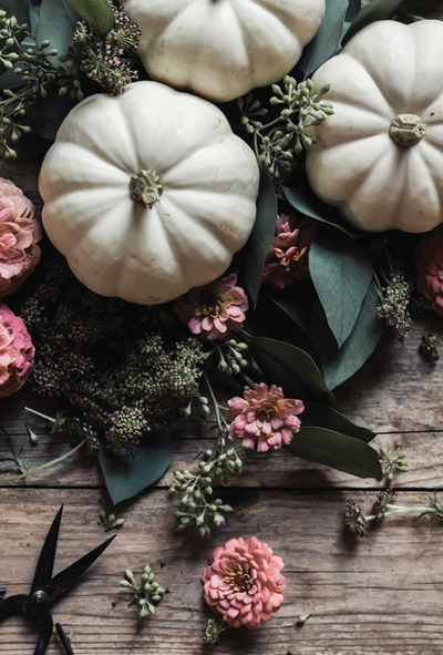 Weiße Kürbisse und Blumen