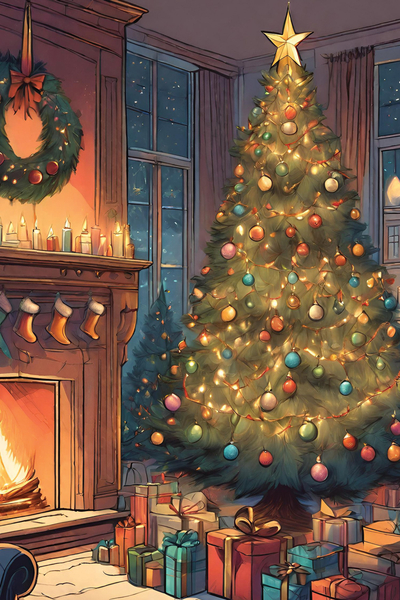 Weihnachtsbaum, Kamin und Geschenke