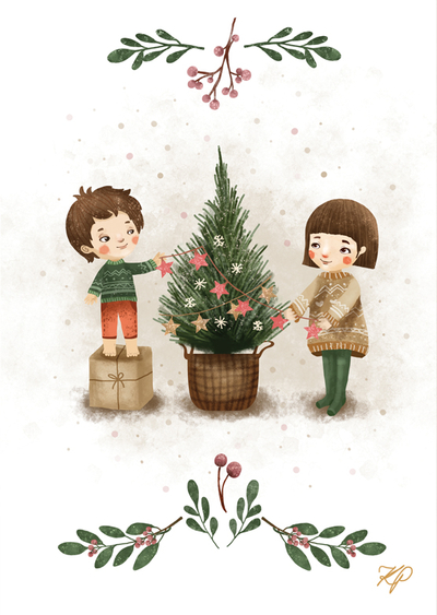 Karolina Pieton - Kinder, die den Weihnachtsbaum schmücken