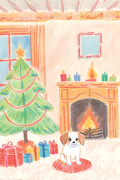 Hündchen, Weihnachtsbaum, Kamin und Geschenke