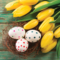 Ostereier und gelbe Tulpen