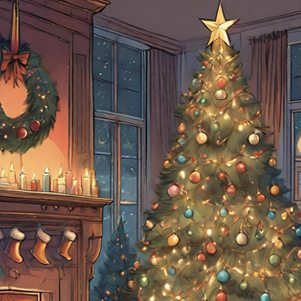 Weihnachtsbaum, Kamin und Geschenke
