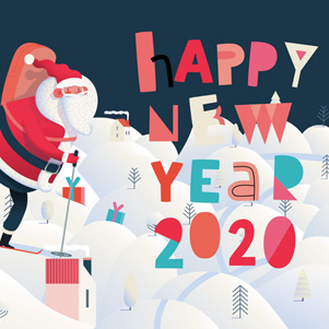 Frohes neues Jahr 2020 - Der Weihnachtsmann auf Skiern