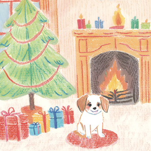 Hündchen, Weihnachtsbaum, Kamin und Geschenke