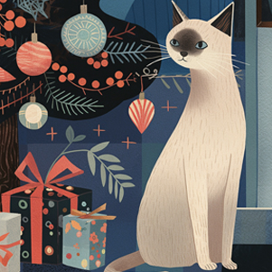 Weiße Katze unter dem Weihnachtsbaum